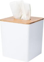White Square Tissue Box Cover with Bamboo Lid