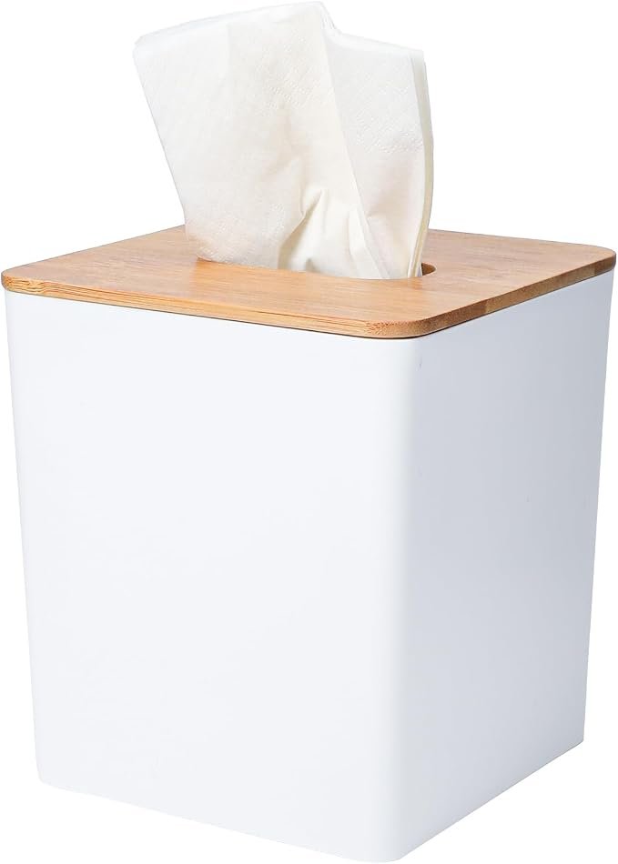 51mpTbC7O5L._AC_SX679_ White Square Tissue Box Cover with Bamboo Lid - Image 1