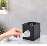 Black PU Leather Tissue Box Cover with Storage Tray - Image 3