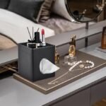 Black PU Leather Tissue Box Cover with Storage Tray - Image 2