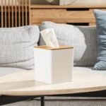 White Square Tissue Box Cover with Bamboo Lid - Image 2