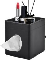 Black PU Leather Tissue Box Cover with Storage Tray
