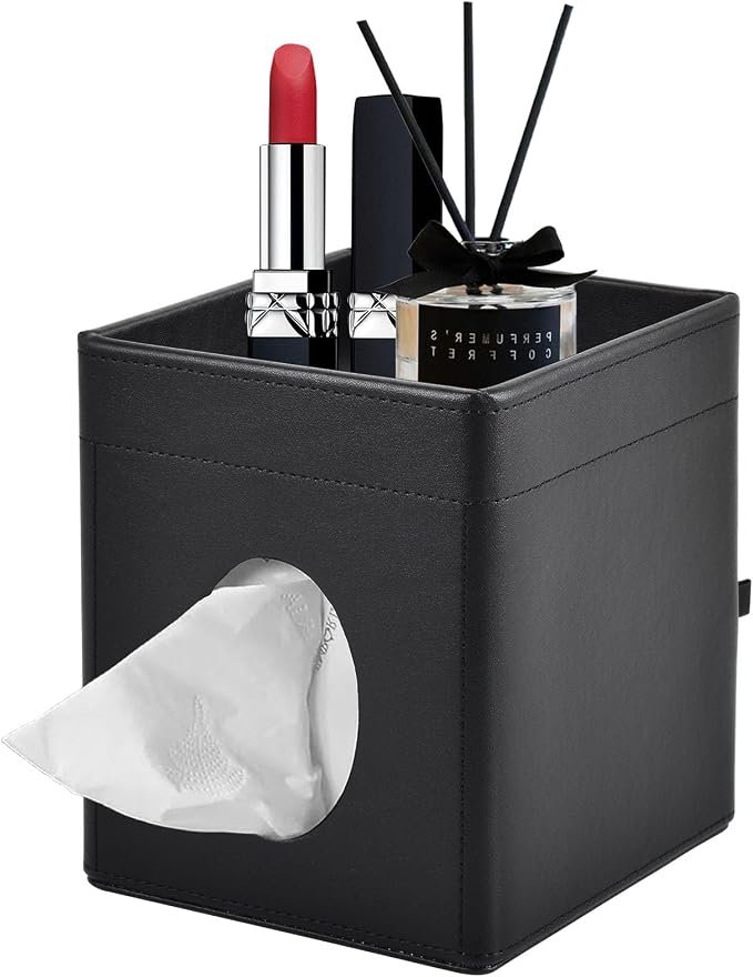 71qGdgi9vRL._AC_SX679_ Black PU Leather Tissue Box Cover with Storage Tray - Image 1