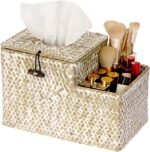 White Woven Seagrass Tissue Box Cover with Side Organizer