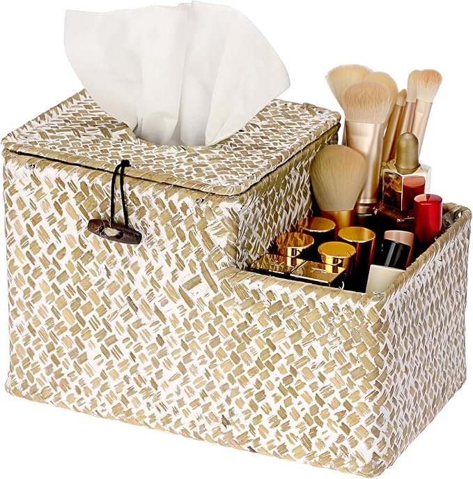 81xctTCJ1-L._AC_SX679_ White Woven Seagrass Tissue Box Cover with Side Organizer - Image 1